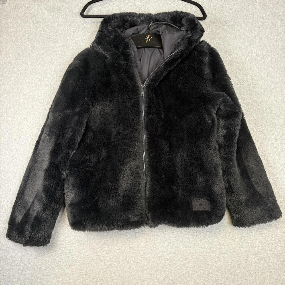 Under Armour Youth Size XL Black Faux Fur Full Zip Hooded Jacket Coat
